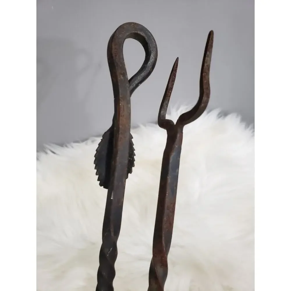 Antique Wrought Iron Twisted Stem with Leaf Handle Serving Spoon Fork Primitive‎